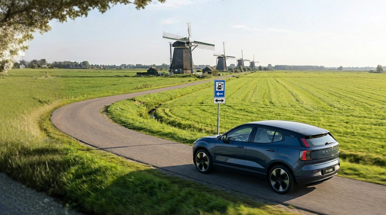 Auto rijd op NL landschap