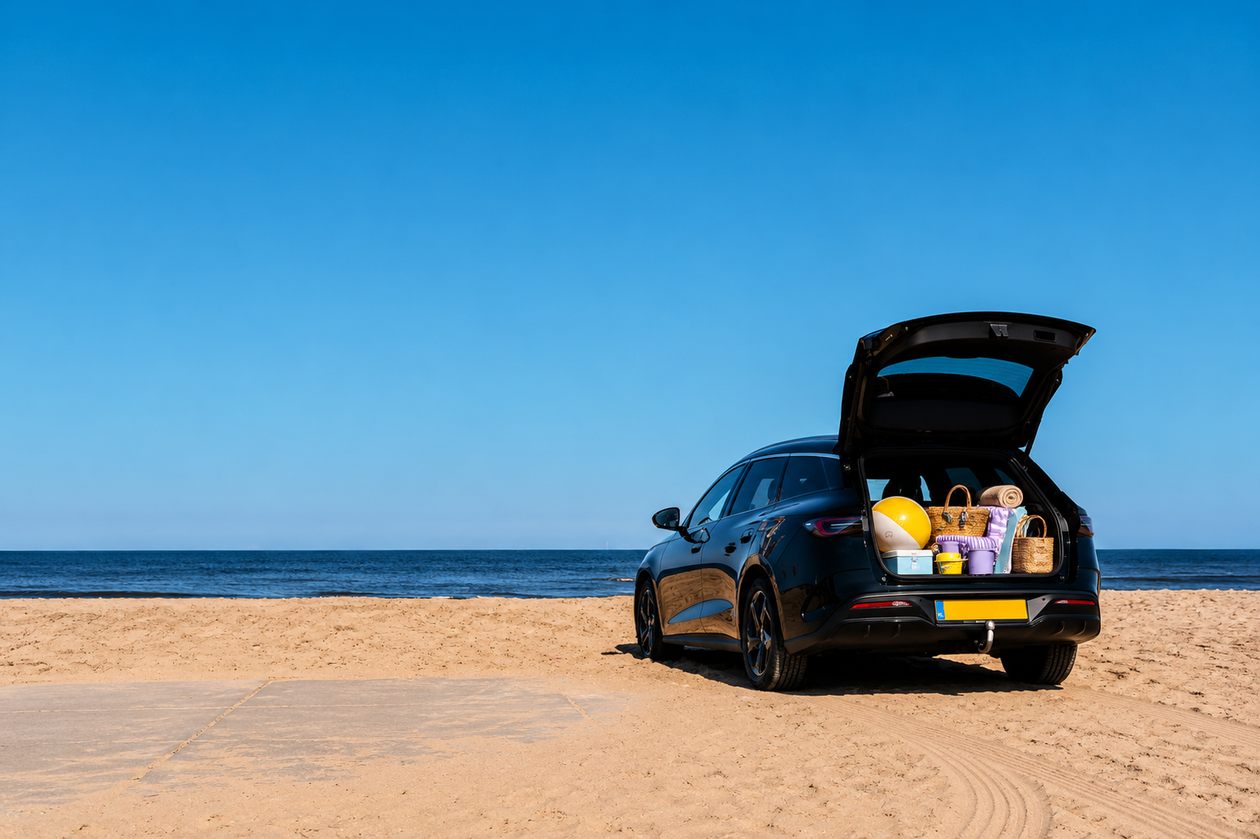 Auto op het strand met strand spullen
