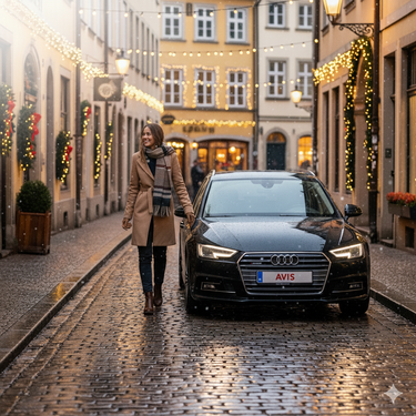 Dame loopt een Auto in winkelstraat voorbij